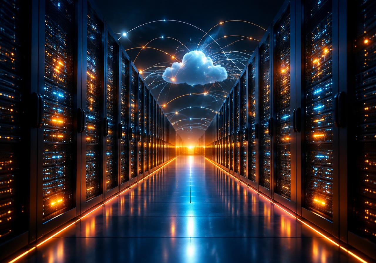 Cloud data center with glowing server racks