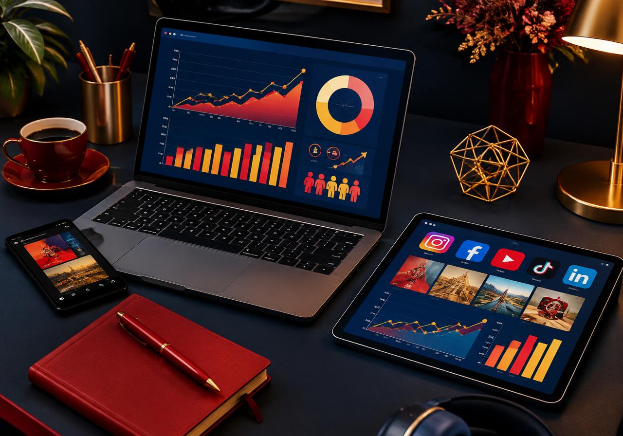Marketing analytics charts on laptop and tablet